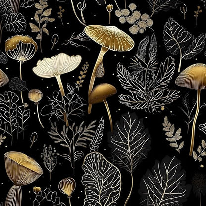 Boho Wallpaper Peel and Stick Dark Floral Contact Paper 17.5" x 197" Vinyl Self Adhesive Vintage Mushrooms Wall Mural Leaf Wall Paper for Room Countertop Drawer Decor(Golden,Black)