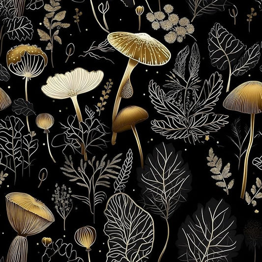 Boho Wallpaper Peel and Stick Dark Floral Contact Paper 17.5" x 197" Vinyl Self Adhesive Vintage Mushrooms Wall Mural Leaf Wall Paper for Room Countertop Drawer Decor(Golden,Black)