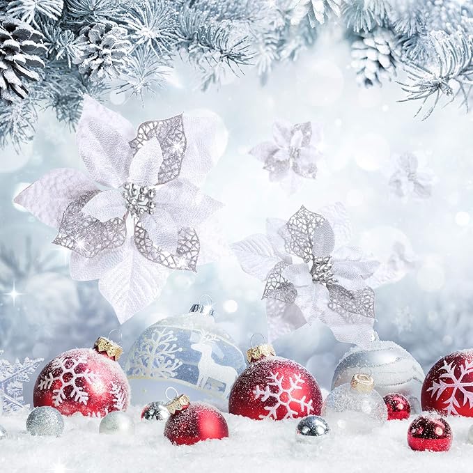 Boao 24 Pieces Christmas Artificial Glitter Poinsettia Flowers Xmas Flowers Wedding Christmas Tree New Year Ornaments(Silver)