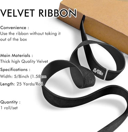 Black Velvet Ribbon 5/8'' 25 Yards for Christmas Tree, Gift Wrapping, Flower Bouquet, Wreath Decorations, Bow Making