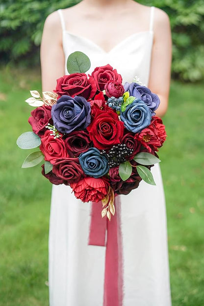 ponatia Artificial Flowers Wedding Flowers Combo for Silk Fake Flowers Roses for DIY Wedding Bouquets Burgundy Centerpieces Arrangements Party Bridal Baby Shower Home Decorations (Burgundy & Navy)