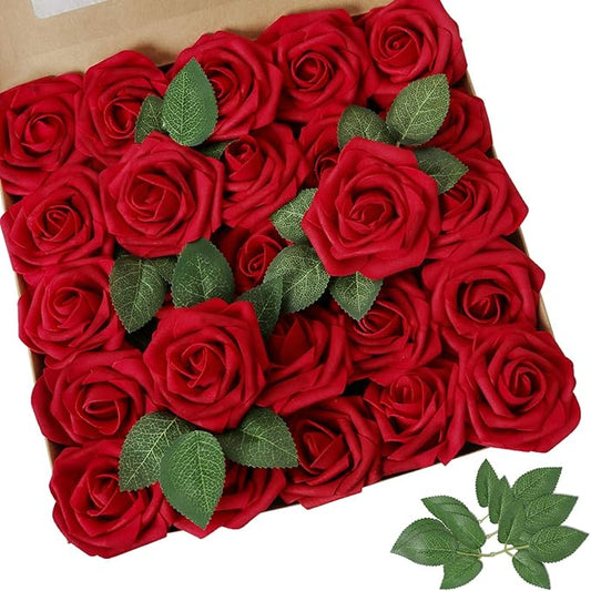 AmyHomie Artificial Flower Dark Red Rose 25pcs Real Looking Fake Roses w/Stem for DIY Wedding Bouquets Centerpieces Arrangements Party Baby Shower Valentines Day Christmas Tree Decorations