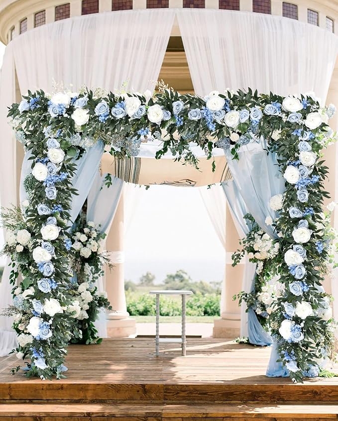 Lvydec 2 Pack Artificial Peony Flower Garland - 6ft Silk Peony Vine Willow Leaves Garland Blue and White Arch Flower Vine for Wedding Party Table Decoration (Blue)