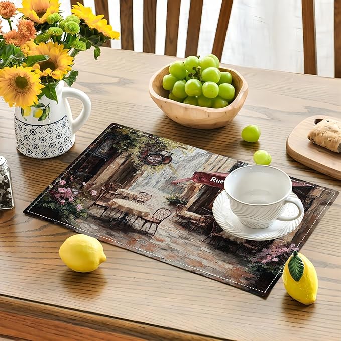 Street Scene Placemats Set of 6, Italian Place Mats, Rustic Street Stone Rock Houses in Italy City Dining Table Mats, Washable Placemats for Kitchen Dining Room 18L'' × 12W''