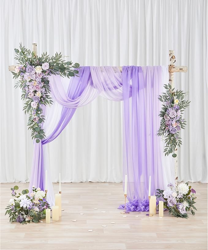 Wedding Arch Flowers with Drapes Kit (Pack of 5) - 2pcs Artificial Lilac Deluxe Swag with 3pcs Sheer Drapes for Wedding Ceremony Backdrop Rose Floral Decoration Arbor Reception