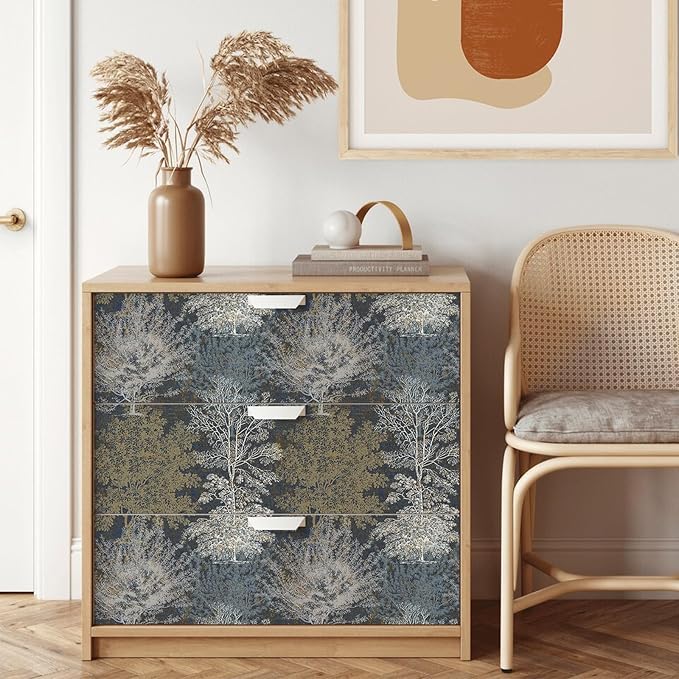 Vintage Forest Peel and Stick Wallpaper - Hand Drawn Tree Design for Bathroom, Bedroom Walls, Cabinets, Shelves - Removable Decorative Contact Paper Mural 17.71"x118.1"
