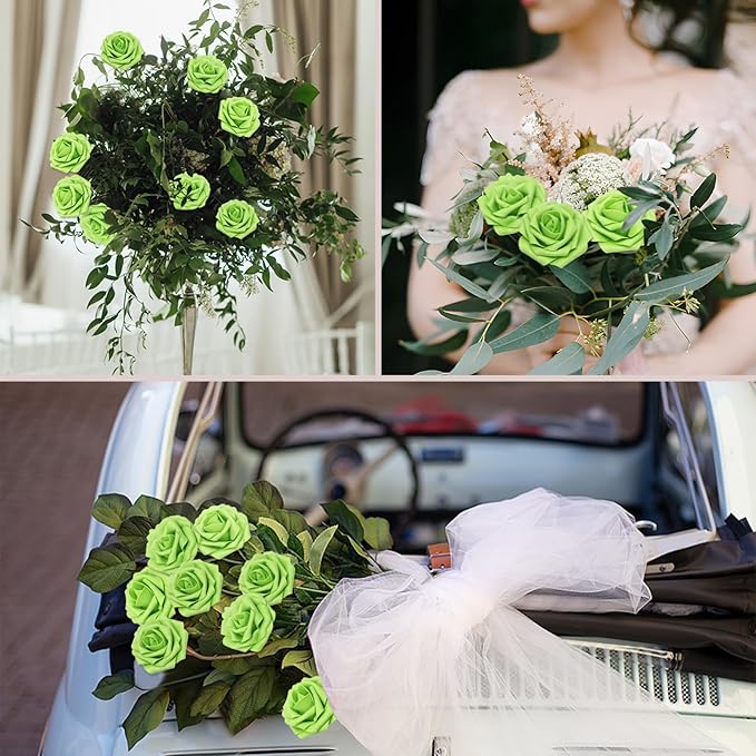 100Pcs Green Artificial Flowers Roses Real Looking Foam Fake Roses with Leaves for DIY Wedding Bouquets Bridal Shower Centerpieces Party Decorations (Green, 100)