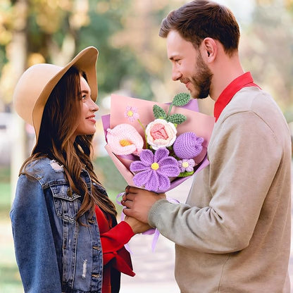 Crochet Flower Bouquet Pink Rose, Purple Tulip,Handmade Knitted Flowers for Birthday, Wedding, Anniversary, Graduation Gift for Her, Girlfriend, Wife, Womeng (Pink & Purple)