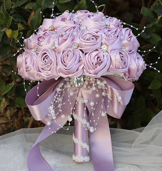 Bridal Wedding Bouquet Round Bling Brooch Bouquet Throw Toss Artificial Rose Flower Bunch for Bride Bridesmaid Wedding Quinceanera(Light Taro Purple, 7.5")