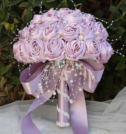 Bridal Wedding Bouquet Round Bling Brooch Bouquet Throw Toss Artificial Rose Flower Bunch for Bride Bridesmaid Wedding Quinceanera(Light Taro Purple, 7.5")