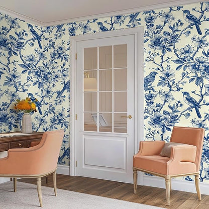 Floral Peel and Stick Vintage Animal Wallpaper Blue Bird Removable Botanical Leaf 17.7" x 236.22" Wall Paper Watercolor Self Adhesive Contact Paper for Classroom Bedroom Laundry Room Bathroom