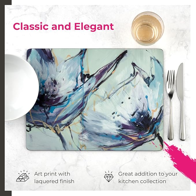 Pimpernel Abstract Lilac Collection Placemats, 4-Piece Set – (15.7" x 11.7") Rectangular Cork-Backed Dining Table Mats with Lacquered Finish, Heat & Stain Resistant Tabletop & Furniture Protection