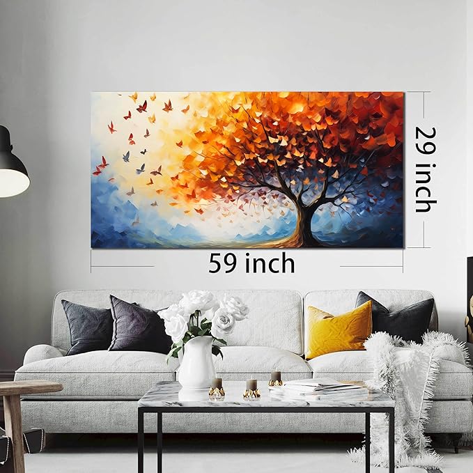 ANCXWOTER Butterfly Tree Canvas Wall Art for Living Room Bedroom Home Office Orange and Blue Colorful Butterfly Picture Tree of Life Wall Art Large Modern Canvas Prints 29x59 In