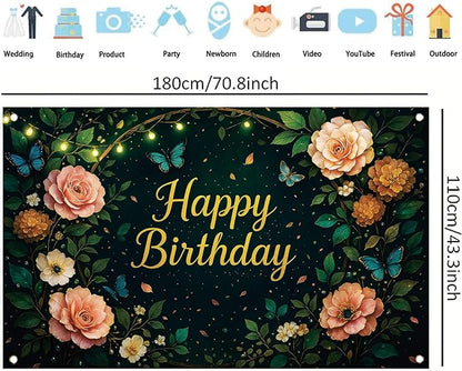 Greenery Birthday Backdrop Sage Green Floral Butterfly Banner String Lights Party Decorations Photography Background for Women Girls Birthday Supplies Photo Booth Prop 71 x 43 Inch