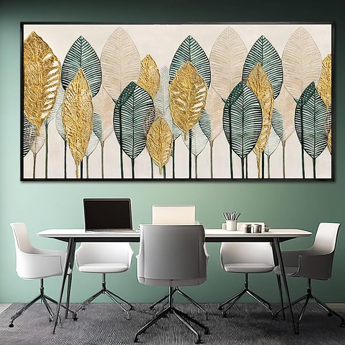 Contemporary Framed Wall Art Green and Gold Wall Decor Leaves Wall Prints Line Wall Posters 29"x58" Living Room Decorations Kitchen Art