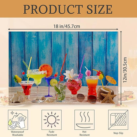 Colorful Tropical Cocktails at Beach on Blue Wood Placemats Set of 6 Place Mats for Kitchen Table Washable Farmhouse Linen Table Mats Dining Decoration 12x18 Inch
