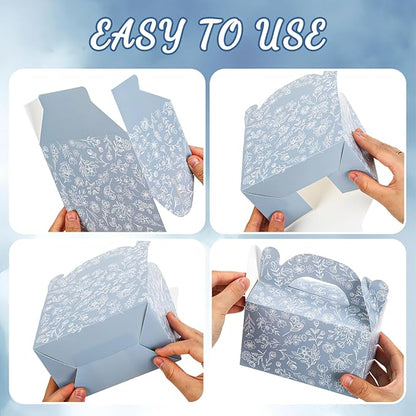 Dunzoom 24 Pack Dusty Blue Floral Paper Gift Boxes Party Favor Gift Gable Boxes with Chinoiserie Floral Printed Candy Treat Box for Wedding Birthday Tea Bridal Shower Party