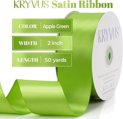Apple Green Satin Ribbon, Double Faced 2 Inch X 50 Yards Apple Green Ribbon, Premium Satin Ribbon for Gift Wrapping, Crafts, Hair Bow Making, Sewing, Flower Bouquet, Wedding Party Decor