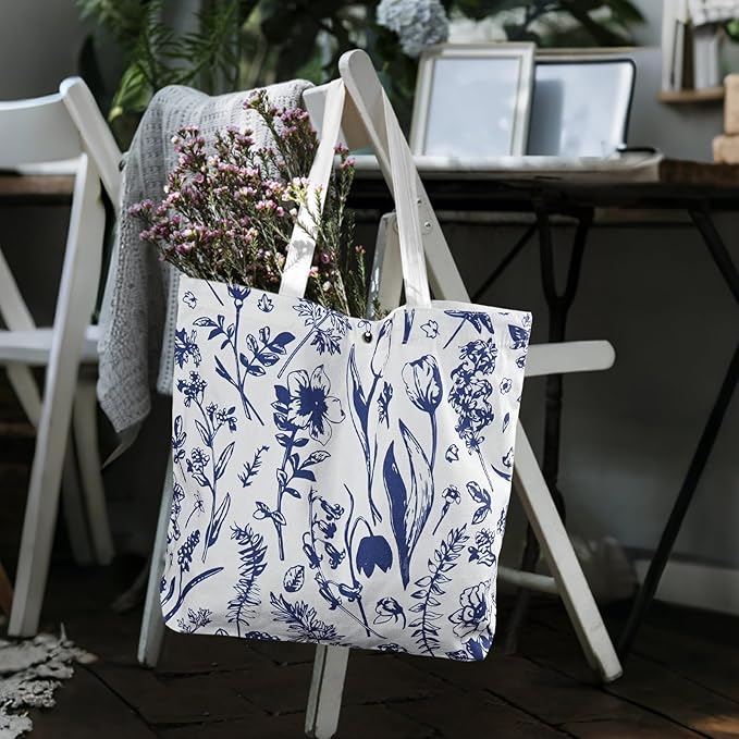 6 Pcs Floral Canvas Tote Bags Bulk for Women Chinoiserie Tote Bag Aesthetic Reusable Grocery Bags for Travel Shopping