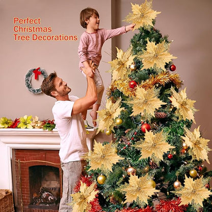 10'' Large Christmas Glitter Poinsettia Flowers Decorations, stadeco 10 Pcs Christmas Tree Picks Ornaments Artificial Flowers with Long Stems for Xmas Tree Wreath Garland Wedding Party DIY Decor