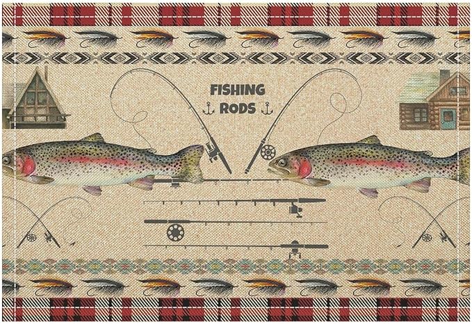 Rustic Cabin Bear Placemats Fishing Rods Lure Southwestern Check Plaid Red Art Printed Dining Table Mats Set of 4 for Home Kitchen Holiday Picnic Party Decor 12x18in