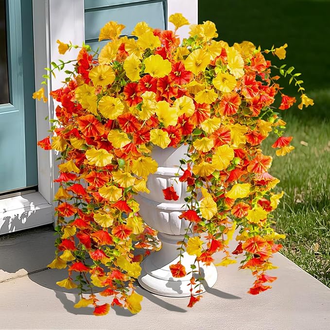 Artificial Flowers for Outdoors Fall Hanging, 4-pack Artificial Morning Glory includes 180 Flowers, Uv-Resistant Faux Silk Fake Realistic Plants for Home Garden Porch Patio Balcony Planter Yard