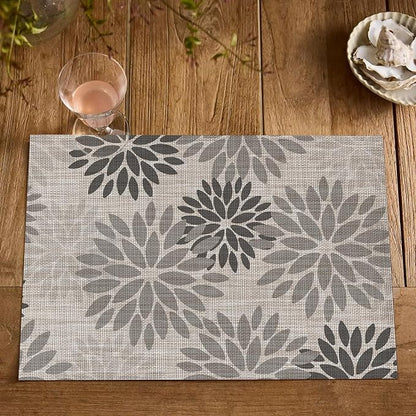 Artoid Mode Floral Vinyl Plastic Placemats Set of 4, 12x18 Inch Washable Non-Slip PVC Place Mats for Party Kitchen Dining Decor, Grey