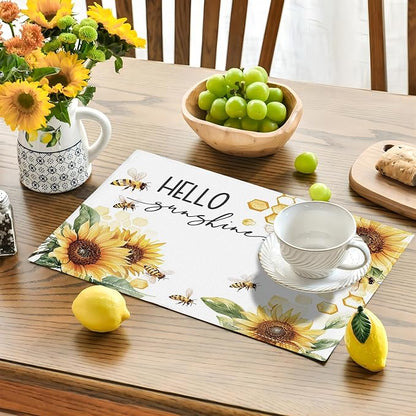 Farmhouse Sunflower Placemats Set of 4, Hello Sunshine Place Mats, Rustic Bee Dining Table Mats, Washable Placemats for Kitchen Dining Room Home Decor 18L'' × 12W''