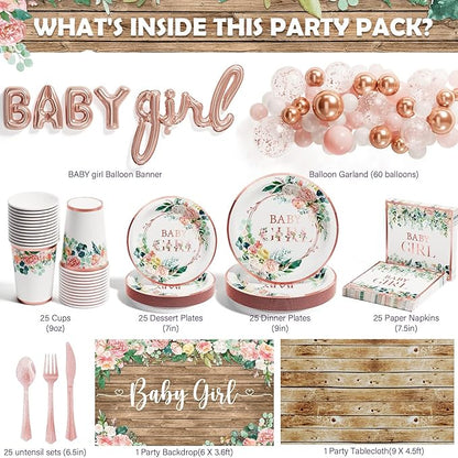 Ecomore Baby Shower Decorations for Girl - 249 PCS Baby Girl Gender Reveal Party Supplies & Disposable Dinnerware Set (25 Guest) with Pink Rose Gold Floral Paper Plates Backdrop Tablecloth Balloon Kit