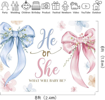 Riyidecor Gender Reveal Backdrop Polyester Fabric Bow Watercolor Floral What Will Baby Be 8Wx6H Feet Pink Blue He or She Baby Shower Floral Leaves Photography Background Newborn Photo Studio Shoot