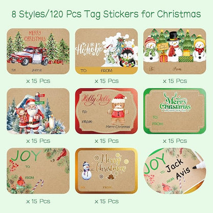 Jumbo Christmas Name Tags Stickers 120 Pack/8 Designs -Gift Tag with Reflective Metallic Foil for Christmas Presents (Vintage Brown)