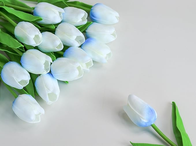 SITUMEIZI 15pcs Fake Tulips Artificial Flowers Real Touch 14" Silk Flower for Home Kitchen Decor Spring Easter Wedding Bouquet Decorations Office Floral Arrangements(Blue on White)