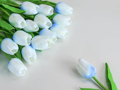 SITUMEIZI 15pcs Fake Tulips Artificial Flowers Real Touch 14" Silk Flower for Home Kitchen Decor Spring Easter Wedding Bouquet Decorations Office Floral Arrangements(Blue on White)