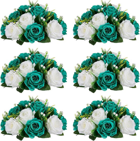 NUPTIO Flower Wedding Centrepieces for Tables - 6 Pcs 9.5in Diameter Teal & White Artificial Flowers Rose Ball for Centerpieces Table - Fake Rose Arrangements for Weddings Birthday Party Decorations
