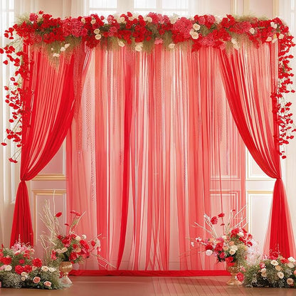 10x10ft Red Tulle Backdrop Curtain for Parites, Sheer Backdrop Curtains for Wedding Baby Shower Birthday Party Photo Shoot Decorations