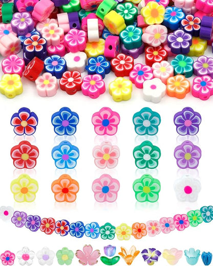 FIVEIZERO 300PCS Polymer Clay Flower Beads, Colorful Hawaiian Floral Bead Charms for Bracelets, Necklaces & DIY Jewelry Making Crafts