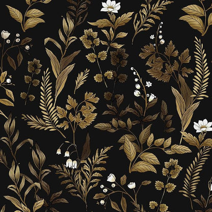Extra Long Dark Floral Peel and Stick Wallpaper, Vintage Black Gold Leaf Wallpaper, Removable Contact Paper Self Adhesive for Bedroom Bathroom Cabinet Black Gold White 17.5In x 393In