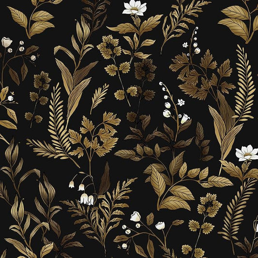 Extra Long Dark Floral Peel and Stick Wallpaper, Vintage Black Gold Leaf Wallpaper, Removable Contact Paper Self Adhesive for Bedroom Bathroom Cabinet Black Gold White 17.5In x 393In