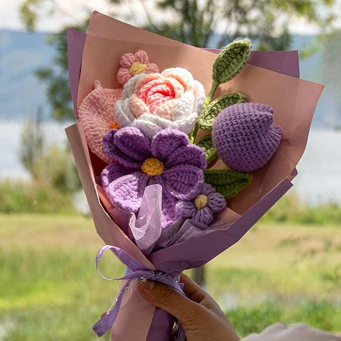 Crochet Flower Bouquet Pink Rose, Purple Tulip,Handmade Knitted Flowers for Birthday, Wedding, Anniversary, Graduation Gift for Her, Girlfriend, Wife, Womeng (Pink & Purple)