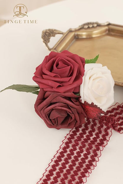 TINGE TIME Artificial Flowers Combo Mix Silk Flowers Red Roses w/stem for DIY Wedding Bridal Bouquets Baby Shower Floral Arrangement Table Centerpieces Home Decorations (Burgundy)