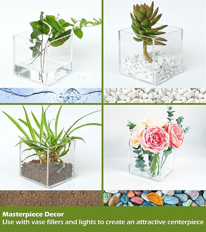 Kamehame Clear Vase 2 Pcs Acrylic Vase, 4''x4''x4'' Succulent Pots Planters, Square Cube Vases for Centerpieces, Flower Vase for Home Office Wedding Floral Decor, KA22001