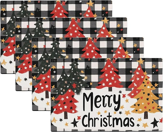 Christmas Tree Placemats Set of 4,Merry Christmas 12x18 Inch Non-Slip Washable Heat Resistant Linen Fabric Table Mats,Place Mats for Holiday Party