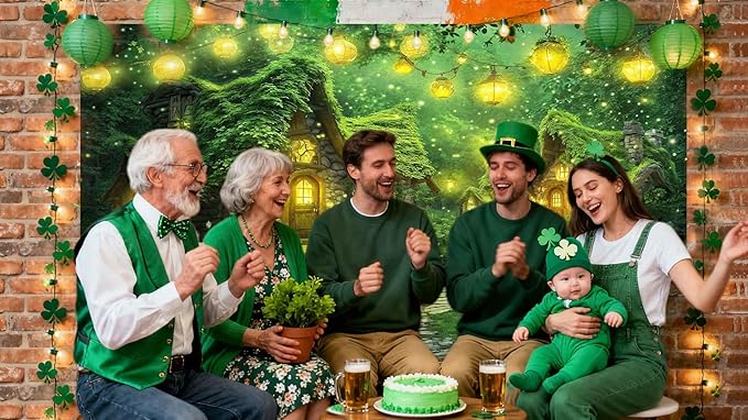 10X8ft St. Patrick's Day Backdrop Magic Enchanted Forest Green House Lucky Irish Shamrock Gold Coins Wonderland Photography Background for Kids Girls Party Decoration Cake Table Photo Booth Props