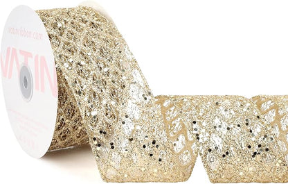 VATIN 2-1/2" Champagne Christmas Ribbon, Gold Glitter Mesh Diamond Web Sequin Dots Wired Christmas Ribbon for Gift Wrapping Bow Making Wreath Supply-10 Yards