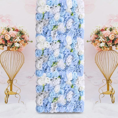 4Pcs Artificial Flower Wall Panel,3D 16" X 24" Silk Rose Mat Artificial Flower Wall,Rectangle Decorative Backdrop Flower Panels Wall for Bridal,Patio,Garden,Yard Decor (Blue, White)
