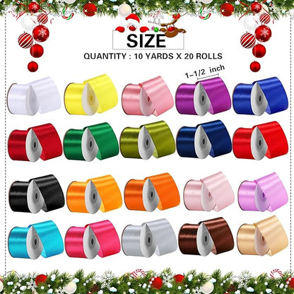 Unittype 20 Colors Rainbow Satin Ribbon 1-1/2 Inch 200 Yard Solid Fabric Ribbons 20 Rolls Satin Ribbons for Gift Wrapping Bows Crafts DIY Flower Bouquet Wedding Decor Christmas