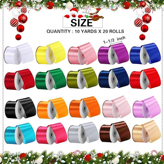 Unittype 20 Colors Rainbow Satin Ribbon 1-1/2 Inch 200 Yard Solid Fabric Ribbons 20 Rolls Satin Ribbons for Gift Wrapping Bows Crafts DIY Flower Bouquet Wedding Decor Christmas