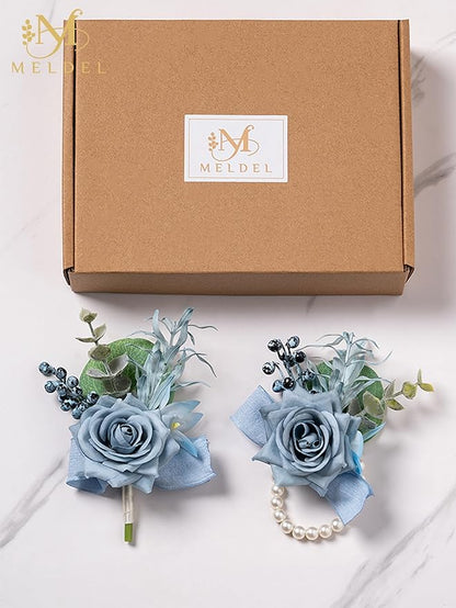 Meldel Dusty Blue Corsage and Boutonniere Set, Rose Boutonniere for Men, Prom Flower Wrist Corsage Bracelets, Homecoming Corsages Wristlet, Men Boutonnieres for Wedding Flowers Accessories Prom Suit
