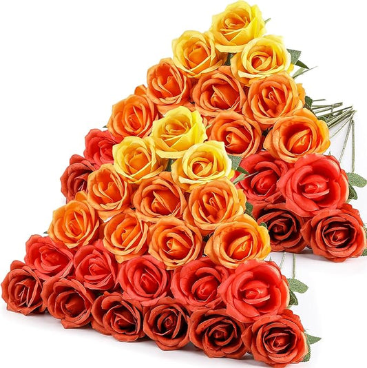 Hotop 40 Pcs Rose Artificial Flowers Bulk with Long Stem,Realistic Silk Fake Roses Bouquet for Home Wedding Centerpieces Party Table Decoration Valentines Gifts(Gradient Orange)