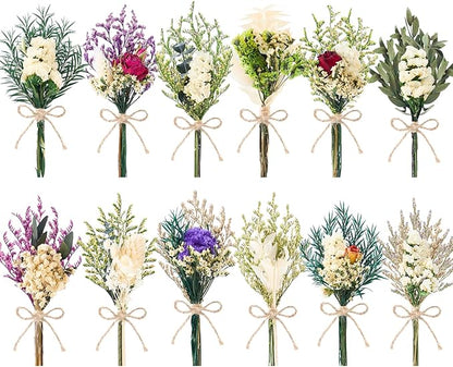12/24 PCS Charming Dried Flowers Bouquet for Vase Various Dried Wildflowers with Stems Mini Handmade Wildflowers Natural Real Flowers Bulk Flowers Craft (White Series, 12 PCS)